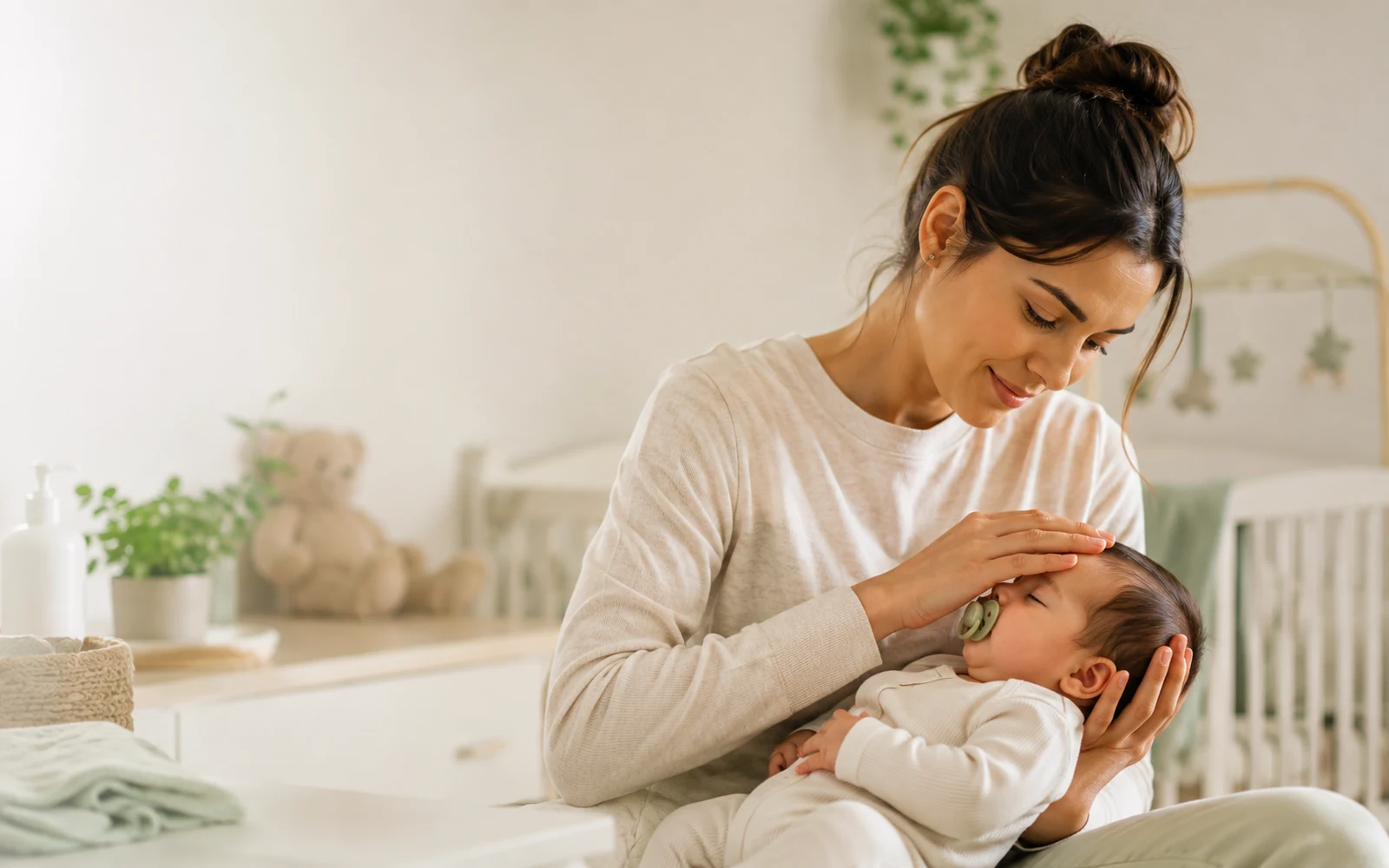 Mãe segurando o bebê recém-nascido no colo, com carinho, em ambiente doméstico