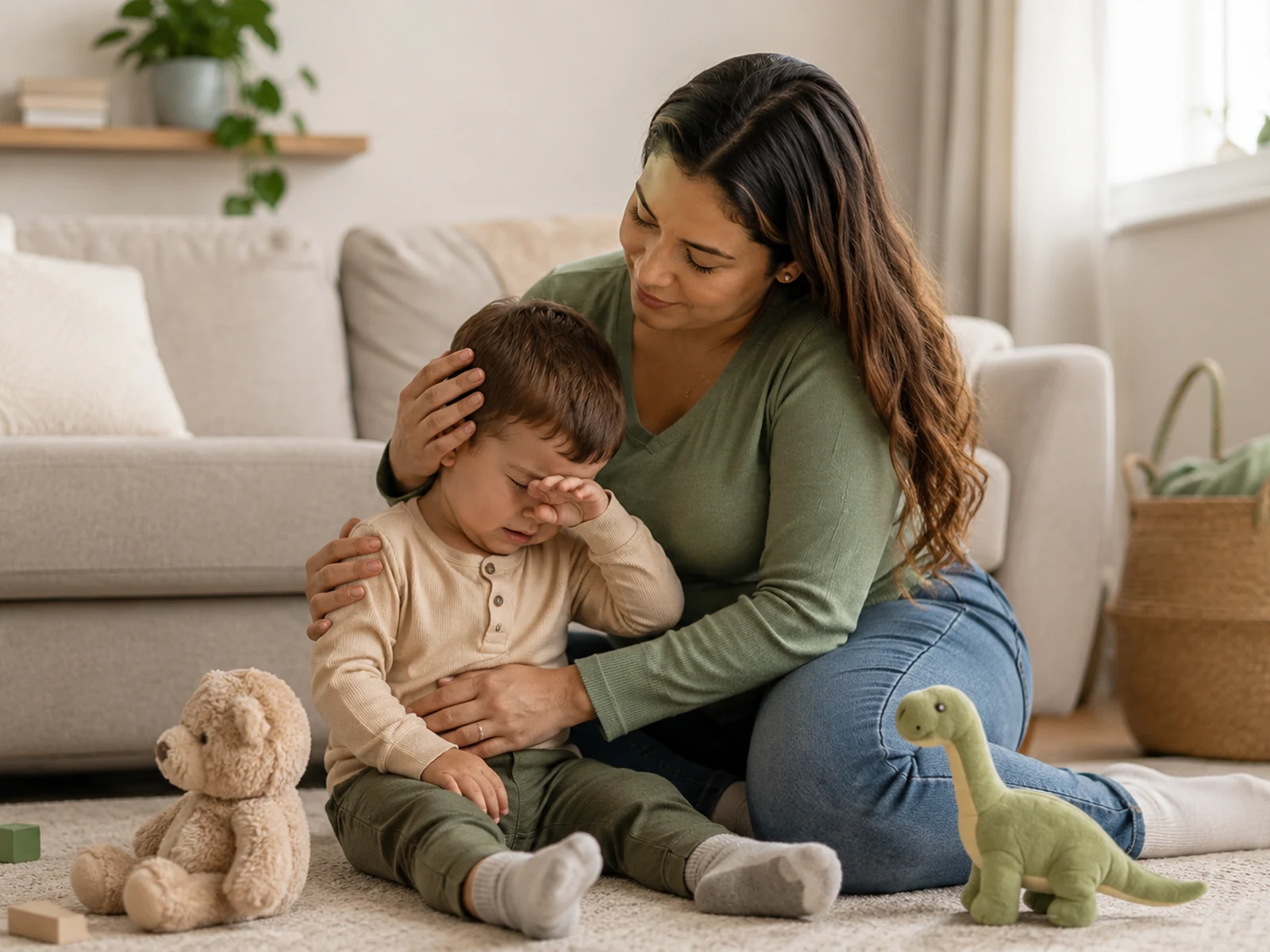 Mãe conversando com criança pequena entre brinquedos