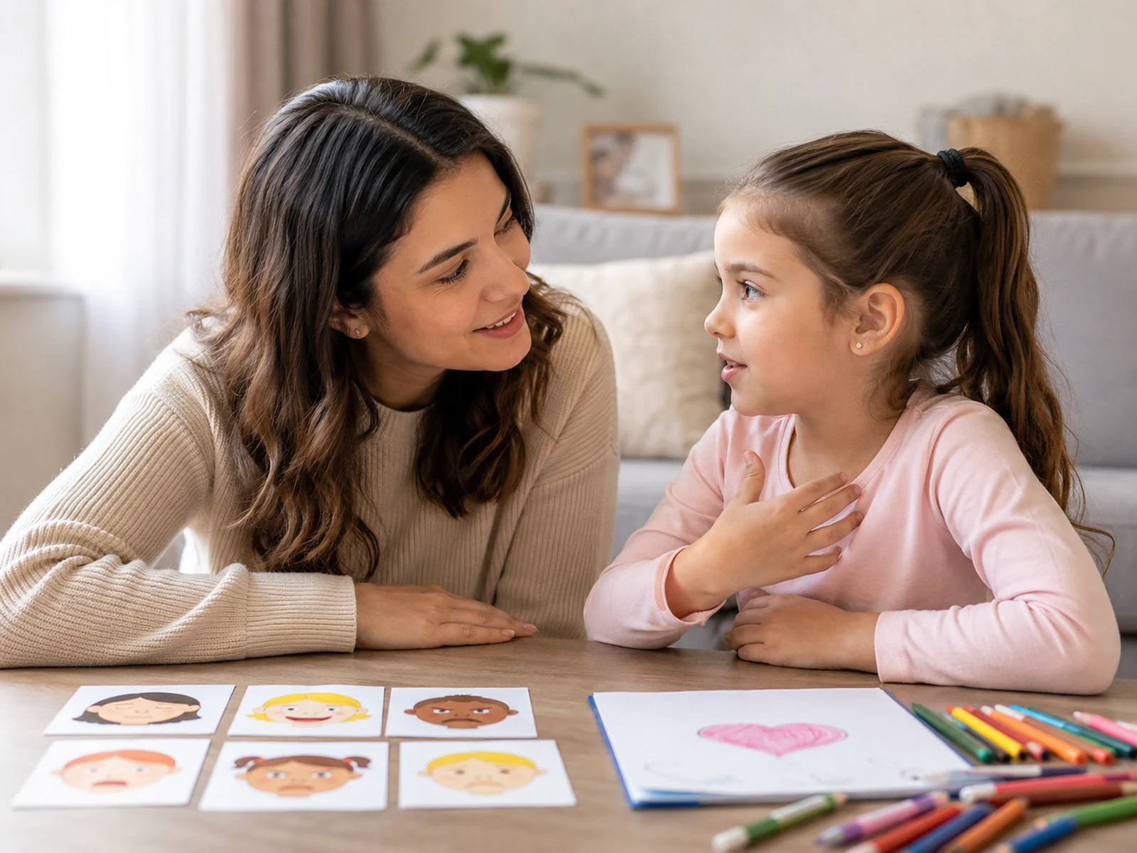Mãe e filha conversando sobre emoções com cartões de expressões faciais