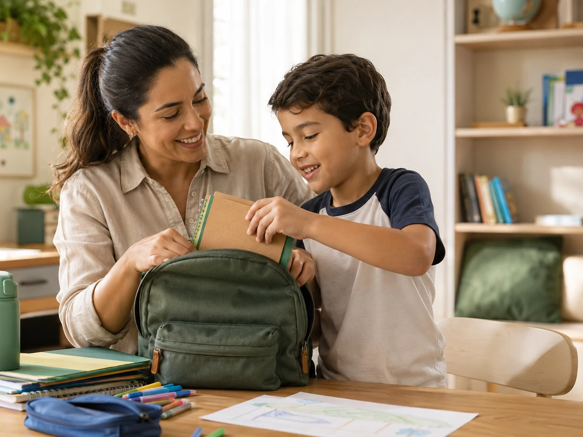 Mãe e filho organizando juntos a mochila escolar